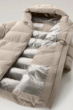 Beige Long Down Parka in Stretch Nylon with Detachable Hood