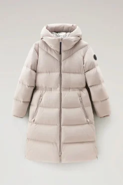Beige Long Down Parka in Stretch Nylon with Detachable Hood