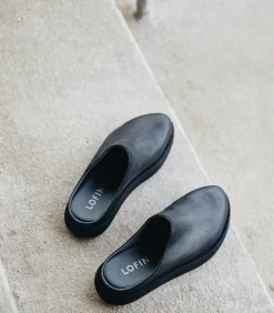 Black Leather Chunky Backlass Mules