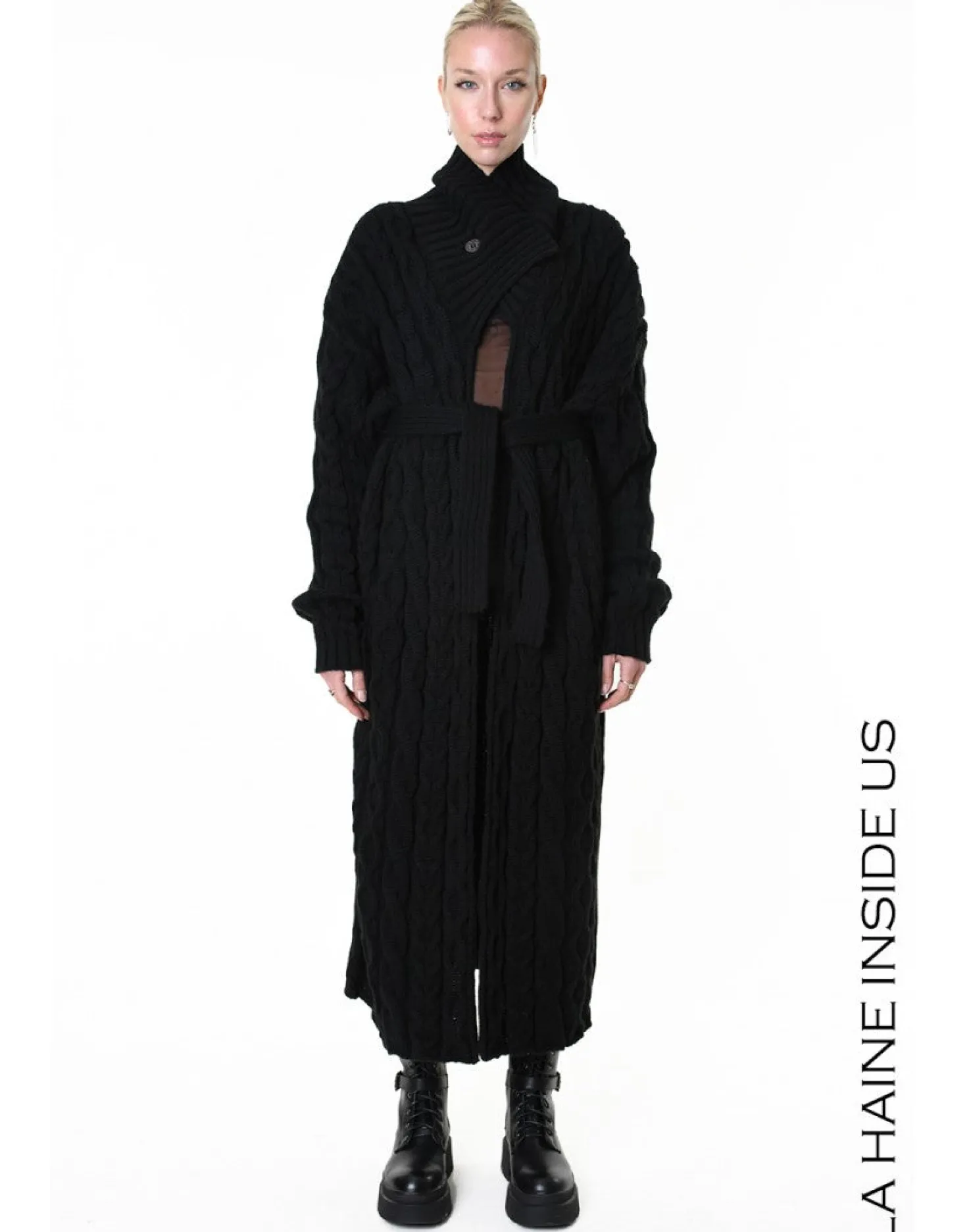 Cable Knit Black Long Cardigan Coat