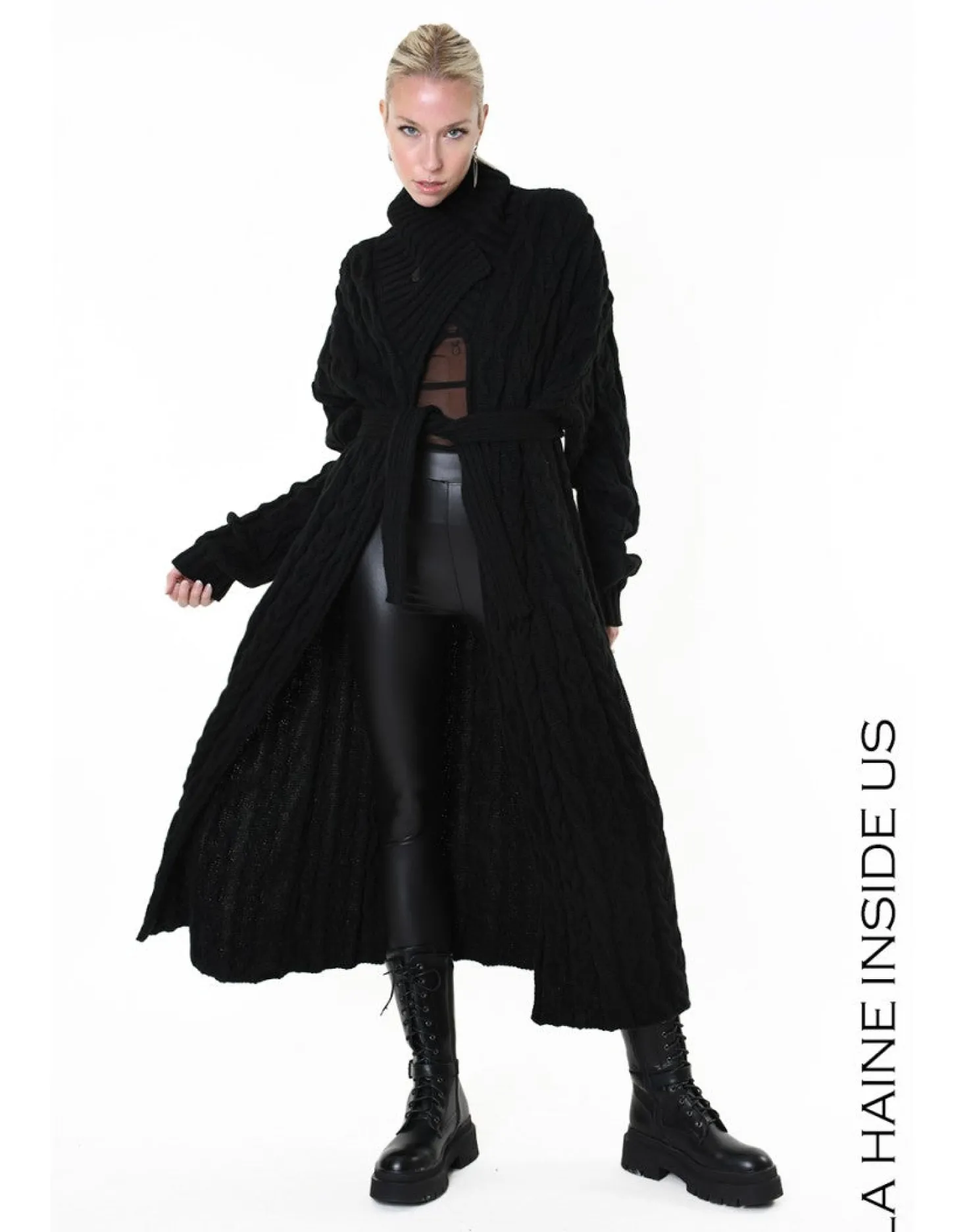 Cable Knit Black Long Cardigan Coat