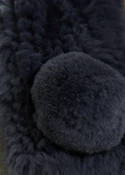 Dark Blue Bobble Knitted Rabbit Luxury Fur Scarf