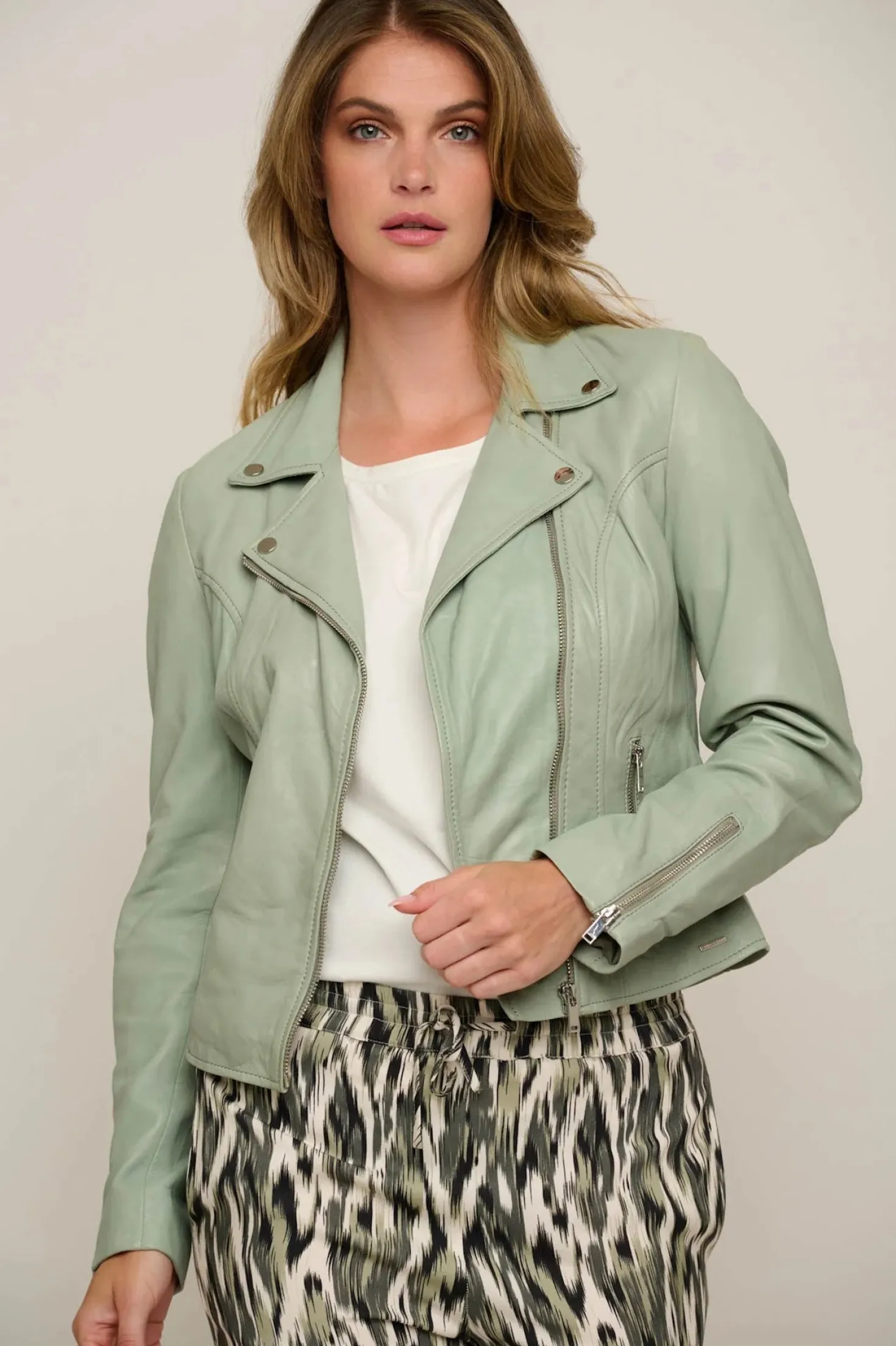 Emily Leather Biker Jacket in Sea Moss
