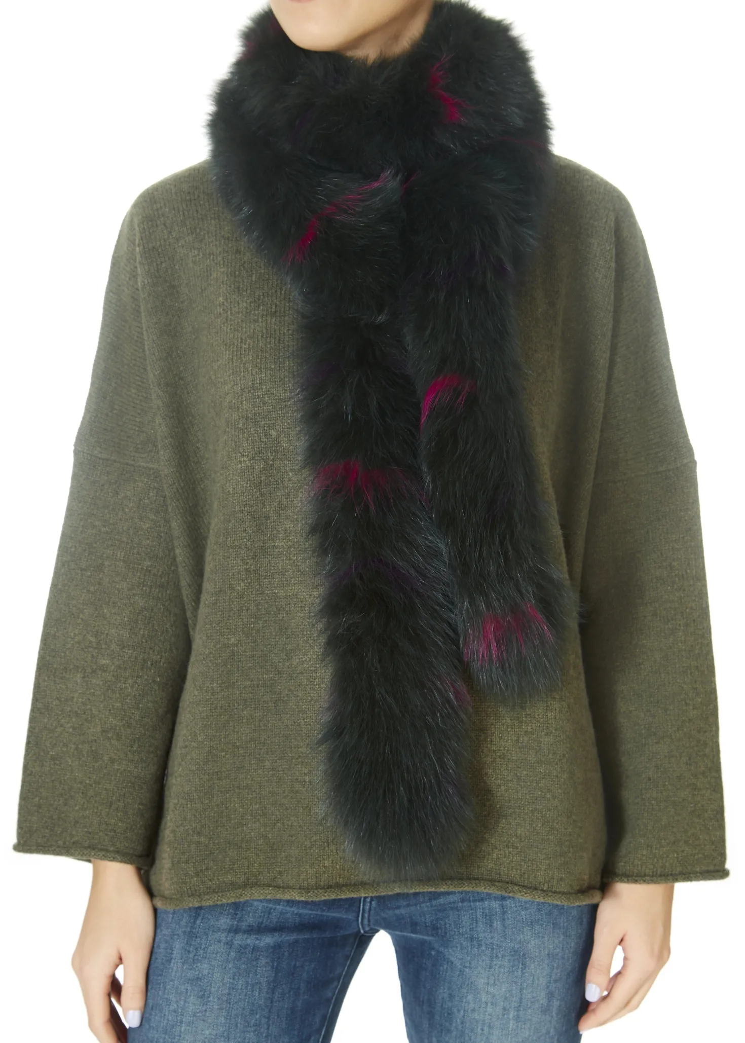 Khaki Open Fox Tube Scarf With Pink Detailing