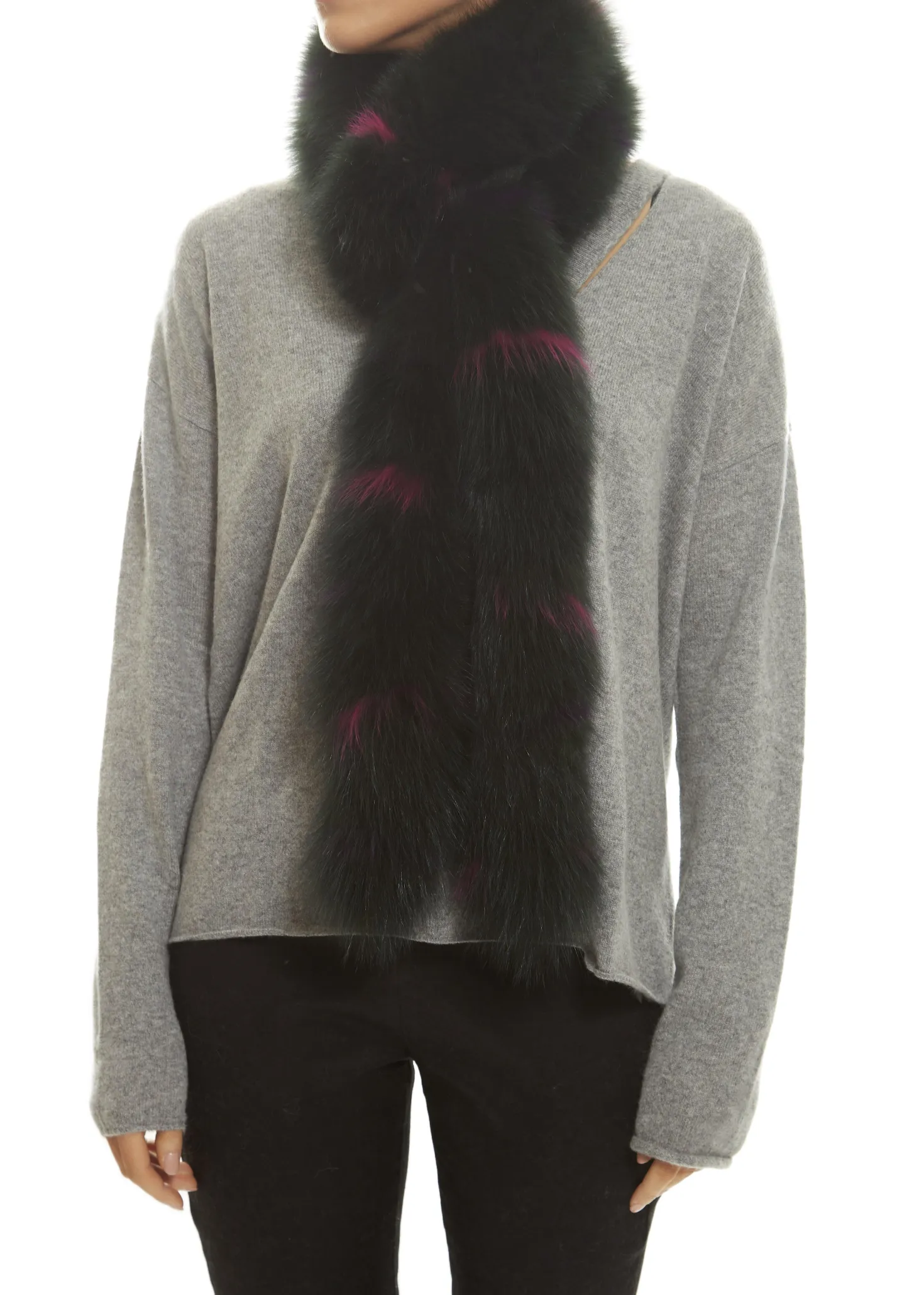 Khaki Open Fox Tube Scarf With Pink Detailing
