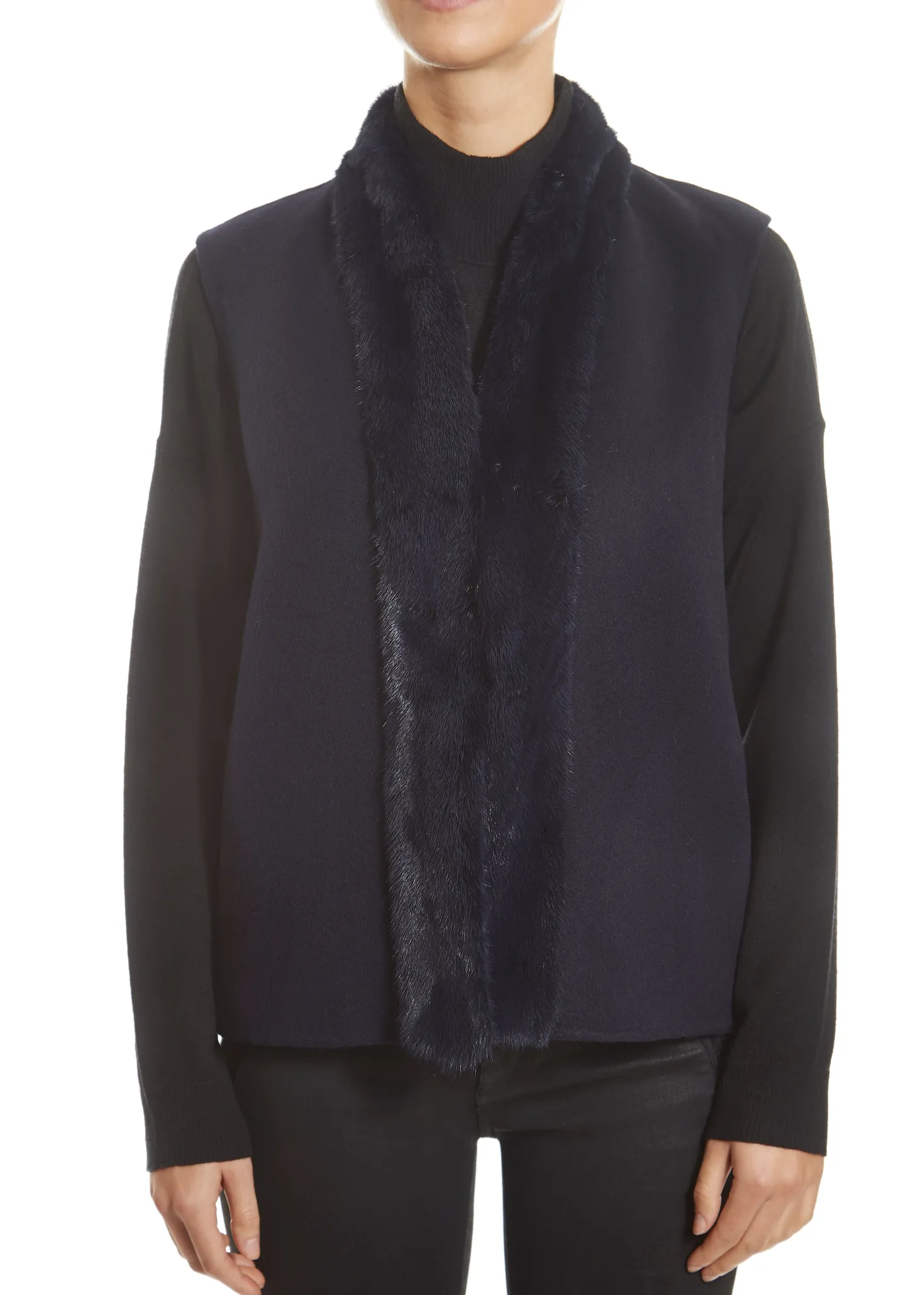Navy 2 Piece Gilet and Coat with Mink Trim